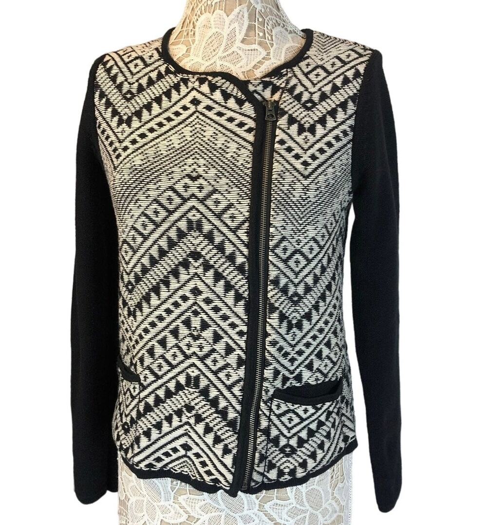 Lucky Brand Moto Aztec jacket sweater black & white side zipper closing size L